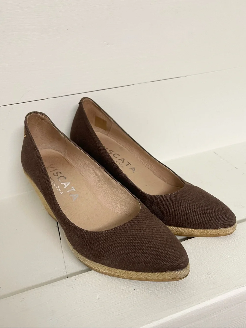 Viscata Barcelona brown canvas espadrille wedge pumps, size 36